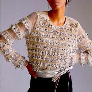 Anthropologie Let Me Be Sequined Tulle Blouse